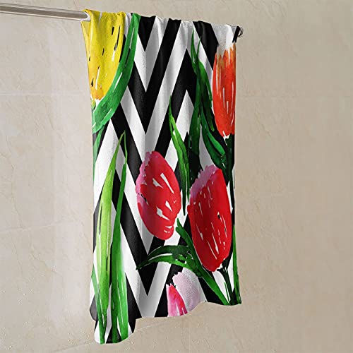 Black and White Wavy Stripes Hand Towel Portable Super Soft Watercolor Red Yellow Tulips Bathroom Towel Fingertip Towel Large Decor Bath Towel Multifunctional Kitchen Gym Yoga Spa 27.5"X15.7"