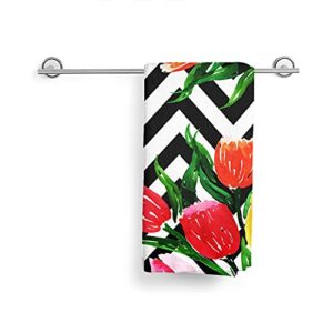 Black and White Wavy Stripes Hand Towel Portable Super Soft Watercolor Red Yellow Tulips Bathroom Towel Fingertip Towel Large Decor Bath Towel Multifunctional Kitchen Gym Yoga Spa 27.5"X15.7"