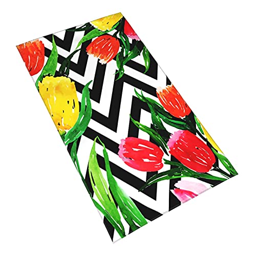 Black and White Wavy Stripes Hand Towel Portable Super Soft Watercolor Red Yellow Tulips Bathroom Towel Fingertip Towel Large Decor Bath Towel Multifunctional Kitchen Gym Yoga Spa 27.5"X15.7"