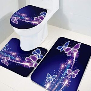 Libaoge Bathroom Mat Sets 3 Piece/Set Rugs Purple Dreamlike Bath Mat, Gorgeous Butterfly Flying Memory Foam Mat Set Matches Anti-Skid Toilet Seat Cover Bath Mat Lid Cover 18"x30"+14"x18"+15"x18"