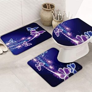 Libaoge Bathroom Mat Sets 3 Piece/Set Rugs Purple Dreamlike Bath Mat, Gorgeous Butterfly Flying Memory Foam Mat Set Matches Anti-Skid Toilet Seat Cover Bath Mat Lid Cover 18"x30"+14"x18"+15"x18"