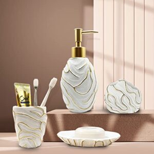 Ethlomoer Bathroom Accessory Set, 4 Pieces White&Gold Bathroom Accessories with Soap Dispenser and Toothbrush Holder Set, Boho Bathroom Accessories, Gift for Women and Men