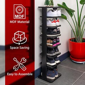 Modeazy 7 Tiers Multi Function Wooden Shoe Rack, Vertical Shoe Rack for Entryway, Shoes Storage Stand, Modern Shoe Rack Organizer, Home Storage Shelf Organizer (Black, Single 11”Wx10.5”Dx42.5”H)