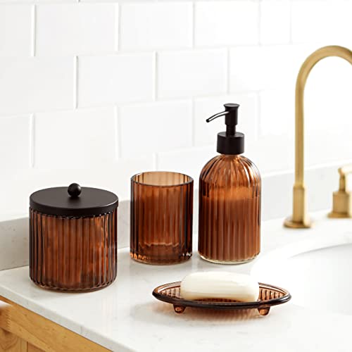 4PCs Heavy Weight Decent Glass Bathroom Accessories Set with Decorative Pressed Pattern - Includes Hand Soap Dispenser & Tumbler & Soap Dish & Toothbrush Holder (Brown)