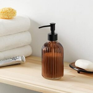 4PCs Heavy Weight Decent Glass Bathroom Accessories Set with Decorative Pressed Pattern - Includes Hand Soap Dispenser & Tumbler & Soap Dish & Toothbrush Holder (Brown)