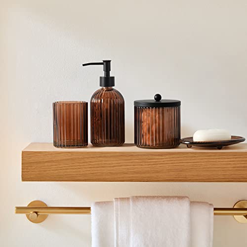 4PCs Heavy Weight Decent Glass Bathroom Accessories Set with Decorative Pressed Pattern - Includes Hand Soap Dispenser & Tumbler & Soap Dish & Toothbrush Holder (Brown)