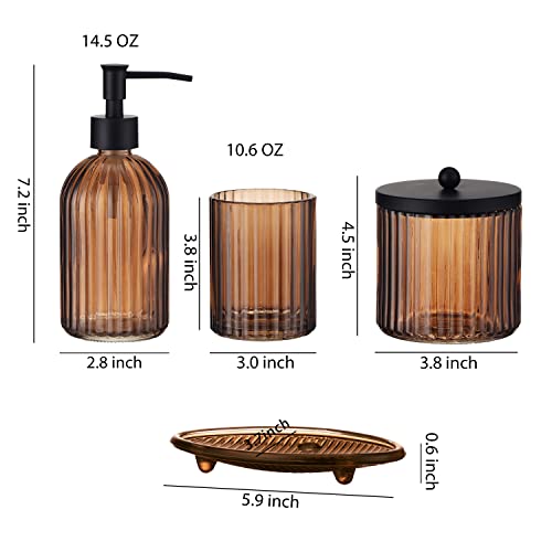 4PCs Heavy Weight Decent Glass Bathroom Accessories Set with Decorative Pressed Pattern - Includes Hand Soap Dispenser & Tumbler & Soap Dish & Toothbrush Holder (Brown)