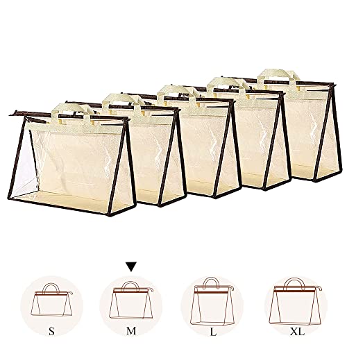 5 PCS Hanging Handbag Storage Organizer Non-Woven Transparent Dust-proof Homewares Purse Wallet Closet Storage Bag with Zipper and Handle (M)