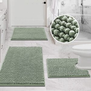 h.versailtex 3 pieces bathroom rugs sets non slip extra absorbent bath mat set for bathroom with toilet rugs for tub, shower washable carpets set(17''x24''+20''x32''+20''x24'' u-shaped, sage)