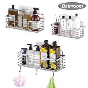 Noyarc 3-Pack Shower Caddy Shelf, Shower Organizer with Hooks, Adhesive Stainless Steel Bathroom Organizers Storage Rack, No Drilling Wall Mounted Shower Shelves for Inside Shower and Kitchen, Silver