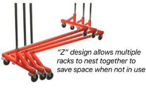industrial strength z rack with add-on hangrail and built-in height extensions - orange osha approved base - tallest z rack available!