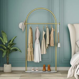 gold clothing rack, modern clothes rack with marble base, heavy-duty coat racks freestanding for boutiques, can hang jacket garment, hat, scarf, organize shoes 31.5” w