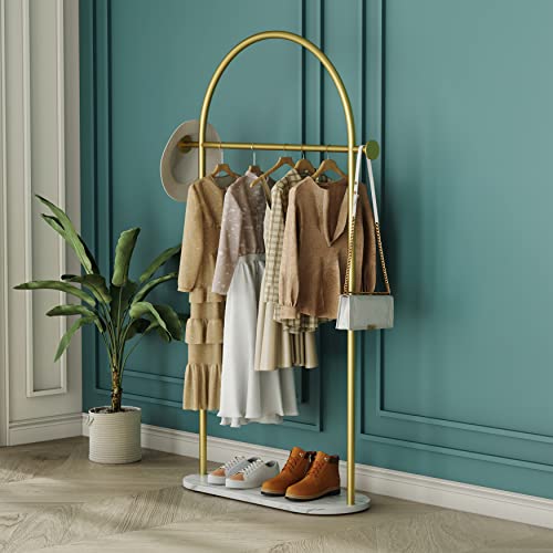 Gold Clothing Rack, Modern Clothes Rack with Marble Base, Heavy-duty Coat Racks Freestanding for Boutiques, Can Hang Jacket Garment, Hat, Scarf, Organize Shoes 31.5” W