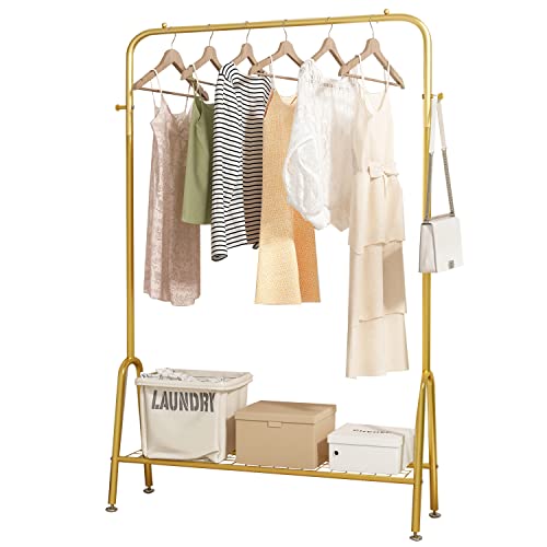 GAMNOF Gold Clothes Rack Metal Clothing Rack 1 Shelf Garment Rack for Storage and Organization of Clothes, Hats and Bags and etc