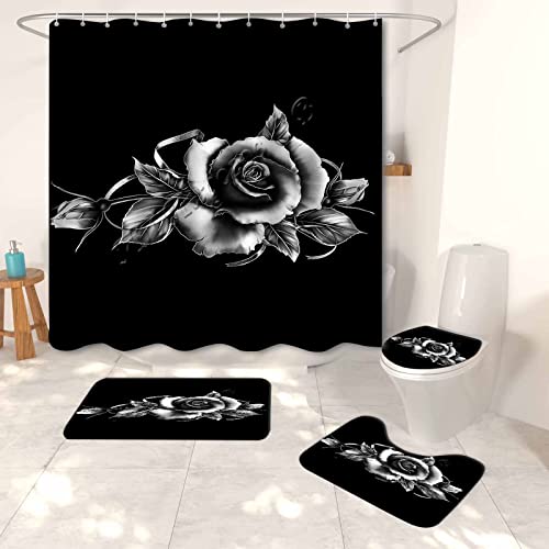 Black Rosa Shower Curtain 4 PCS with 12 Hooks Waterproof & Washable,Bathroom Sets with Rugs and Accessories Bathroom Decor for Boys Girls Girly,Gifts,72 x 72in