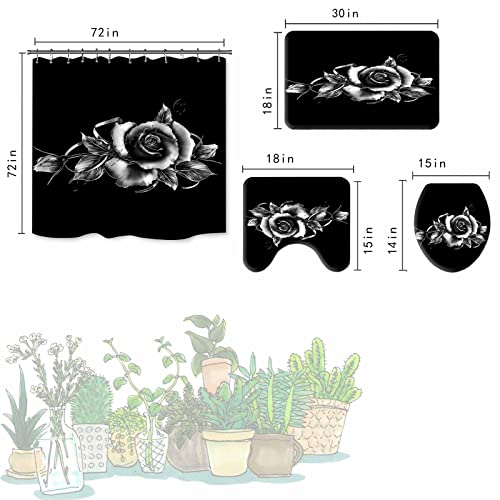 Black Rosa Shower Curtain 4 PCS with 12 Hooks Waterproof & Washable,Bathroom Sets with Rugs and Accessories Bathroom Decor for Boys Girls Girly,Gifts,72 x 72in