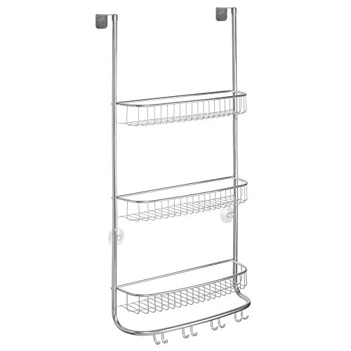 mDesign Metal Shower Door Hanger Caddy Basket, Bathroom Wall Hanging Organizer Shelf, Built-In Hook, 3 Tier Shelves for Shower Stalls, Holds Shampoo and Body Wash, Extra Large, Omni Collection, Chrome