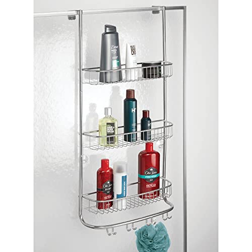 mDesign Metal Shower Door Hanger Caddy Basket, Bathroom Wall Hanging Organizer Shelf, Built-In Hook, 3 Tier Shelves for Shower Stalls, Holds Shampoo and Body Wash, Extra Large, Omni Collection, Chrome