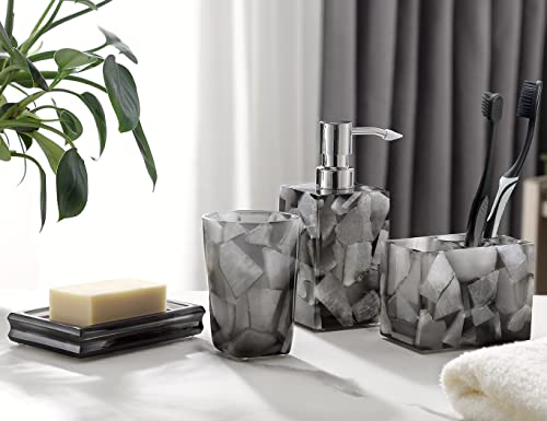 AIMONE Bathroom Accessories Set - 4 Pcs Black Marble Bathroom Sets - Includes Soap Dispenser, Toothbrush Holder, Tumblers & Soap Dish- Housewarming Gift - Bathroom Vanity Countertop Organizer