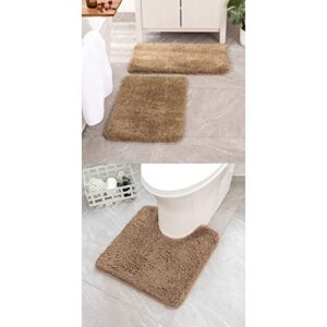 miulee set of 2 non slip shaggy bathroom rugs and u-shaped contour shaggy toilet rugs for tub shower machine washable (beige)