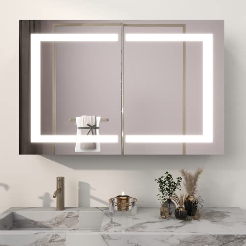 MIRPLUS 36 X 24 inch Medicine Cabinet with Mirror-Lights Surface Mount Bathroom Mirror Cabinet Wall Mounted Lighted Bathroom Medicine Cabinets Inductive Switch Adjustable Shelves (Double Doors)…