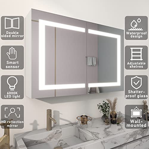 MIRPLUS 36 X 24 inch Medicine Cabinet with Mirror-Lights Surface Mount Bathroom Mirror Cabinet Wall Mounted Lighted Bathroom Medicine Cabinets Inductive Switch Adjustable Shelves (Double Doors)…