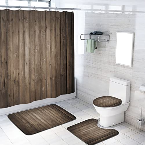 Zmcongz Brown Wood Shower Curtain Set with Rugs for Bathroom Decor Rustic Farmhouse Wall Texture Decor Bathroom Decor Set with Accessories, Waterproof Shower Curtain for Bathtub Decor, 72x72 Inch