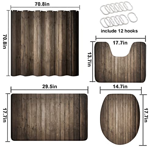 Zmcongz Brown Wood Shower Curtain Set with Rugs for Bathroom Decor Rustic Farmhouse Wall Texture Decor Bathroom Decor Set with Accessories, Waterproof Shower Curtain for Bathtub Decor, 72x72 Inch