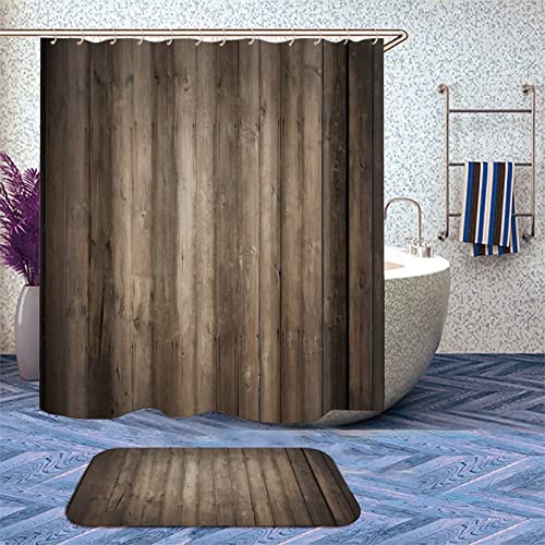 Zmcongz Brown Wood Shower Curtain Set with Rugs for Bathroom Decor Rustic Farmhouse Wall Texture Decor Bathroom Decor Set with Accessories, Waterproof Shower Curtain for Bathtub Decor, 72x72 Inch