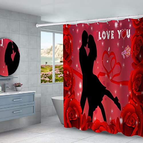 4 PCS Valentine's Day Shower Curtain Set with Rugs, 72x72 Waterproof Shower Curtains with Hooks Heart Gnomes Red Truck Patterned Bath Mat Holiday Decor Valentine's Day Decorations for Bathroom