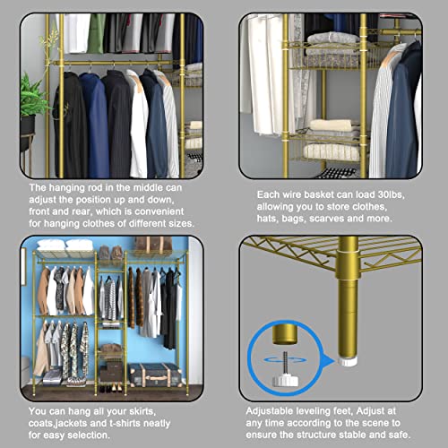 Xiofio 6 Tiers Heavy Duty Clothes Rack, Metal Clothing Rack,Clothing Storage Organizer,Garment Rack with Basket,Hanging Adjustable Garment Rack,65.0" L x 15.7" W x 76.0" H,Max Load 800LBS,Gold