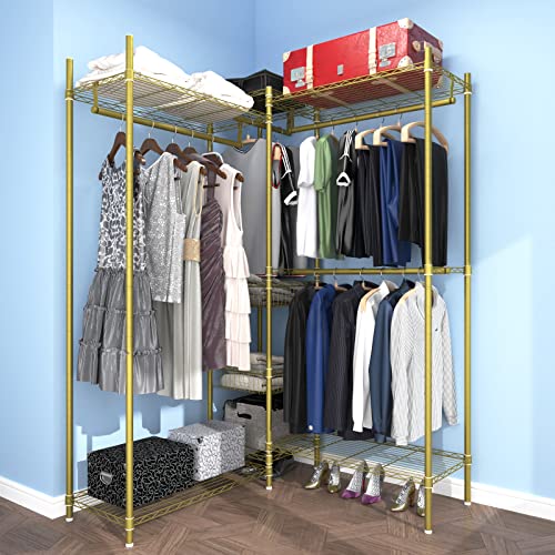 Xiofio 6 Tiers Heavy Duty Clothes Rack, Metal Clothing Rack,Clothing Storage Organizer,Garment Rack with Basket,Hanging Adjustable Garment Rack,65.0" L x 15.7" W x 76.0" H,Max Load 800LBS,Gold