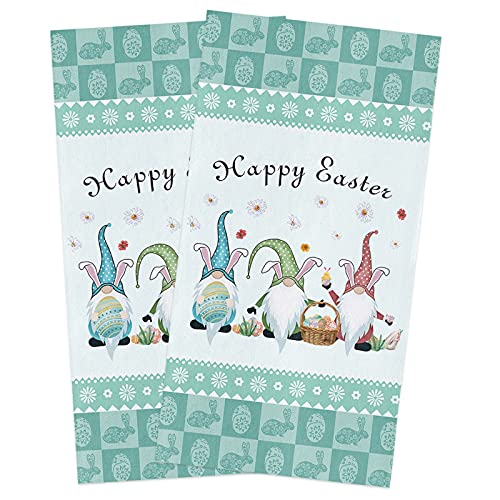 Beisseid Easter Day Kitchen Towels Bunny Ears Gnomes Dish Cloth Fingertip Bath Towels Easter Egg Check Plaid Floral Hand Drying Soft Cotton Tea Towel Set, 18x28in 2PCS