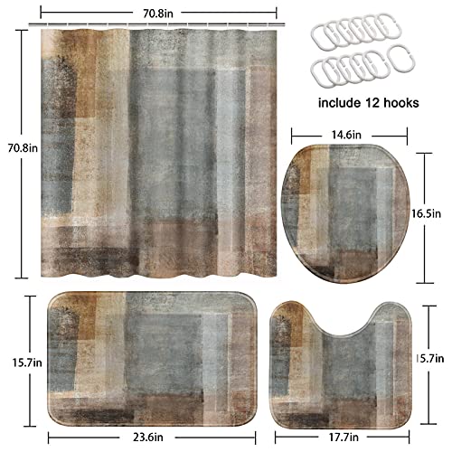 ArtSocket 4 Pcs Shower Curtain Set Beige Grey Abstract Painting Brown with Non-Slip Rugs Toilet Lid Cover and Bath Mat Bathroom Decor Set 72" x 72"