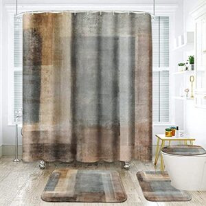 ArtSocket 4 Pcs Shower Curtain Set Beige Grey Abstract Painting Brown with Non-Slip Rugs Toilet Lid Cover and Bath Mat Bathroom Decor Set 72" x 72"