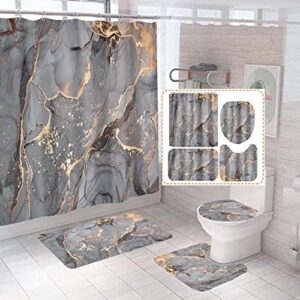 alabohuke 4pcs ash gold marble shower curtain set, stylish modern bathroom decor, with rugs and accessories non-slip rug,toilet lid cover,bath mat and 12 hooks, 70.8 x 70.8 in