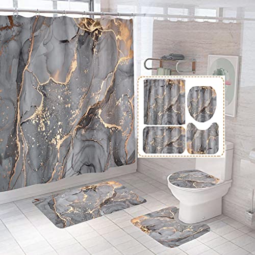 Alabohuke 4PCS Ash Gold Marble Shower Curtain Set, Stylish Modern Bathroom Decor, with Rugs and Accessories Non-Slip Rug,Toilet Lid Cover,Bath Mat and 12 Hooks, 70.8 X 70.8 in