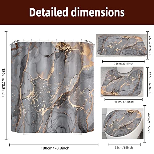 Alabohuke 4PCS Ash Gold Marble Shower Curtain Set, Stylish Modern Bathroom Decor, with Rugs and Accessories Non-Slip Rug,Toilet Lid Cover,Bath Mat and 12 Hooks, 70.8 X 70.8 in