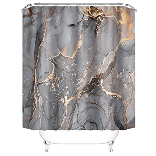 Alabohuke 4PCS Ash Gold Marble Shower Curtain Set, Stylish Modern Bathroom Decor, with Rugs and Accessories Non-Slip Rug,Toilet Lid Cover,Bath Mat and 12 Hooks, 70.8 X 70.8 in