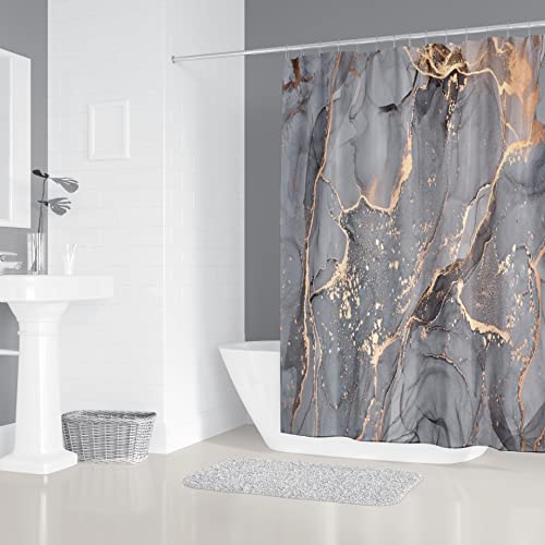 Alabohuke 4PCS Ash Gold Marble Shower Curtain Set, Stylish Modern Bathroom Decor, with Rugs and Accessories Non-Slip Rug,Toilet Lid Cover,Bath Mat and 12 Hooks, 70.8 X 70.8 in