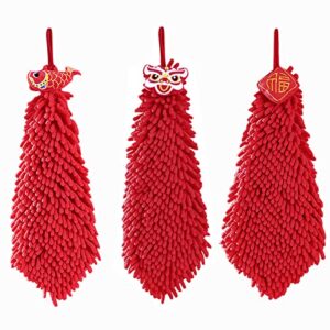 3 pack chenille hanging hand towels soft absorbent microfiber hand towels plush quick-drying cute cartoon chinese red hand towel with hanging loops for bathroom kitchen(lion+koi+blessing)