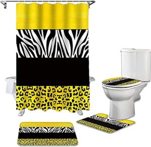 lmqsdhh leopard print 4 pieces shower curtain set, bathroom supplies with non-slip rectangal mat, toilet lid cover, u shape rugs, zebra prints yellow black stripes,medium