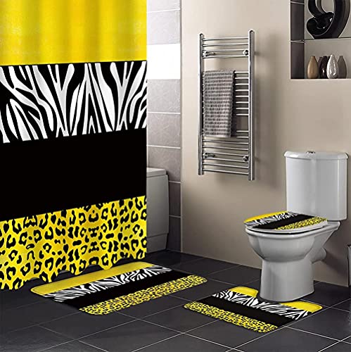 lmqsdhh Leopard Print 4 Pieces Shower Curtain Set, Bathroom Supplies with Non-Slip Rectangal Mat, Toilet Lid Cover, U Shape Rugs, Zebra Prints Yellow Black Stripes,Medium