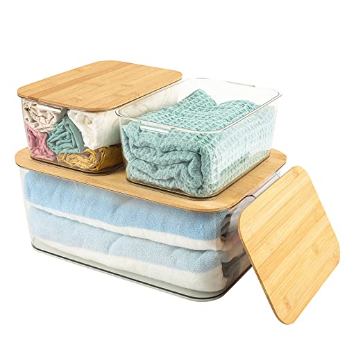 ANMINY Clear Plastic Storage Bins with Removable Bamboo Lids Handles Stackable Lidded Kitchen Food Container Box Basket Set Decorative Clothes Laundry Home Closet Cabinet Shelf Cube - 1 Large 2 Small