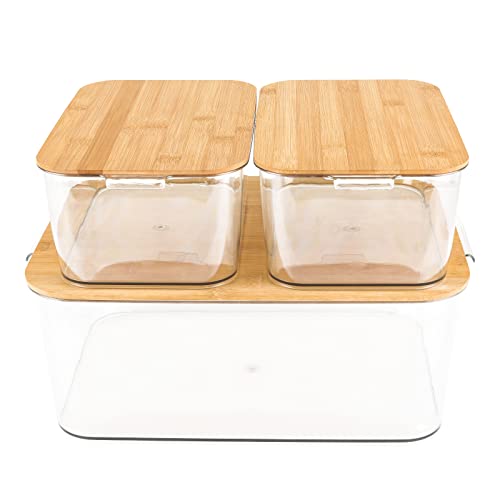 ANMINY Clear Plastic Storage Bins with Removable Bamboo Lids Handles Stackable Lidded Kitchen Food Container Box Basket Set Decorative Clothes Laundry Home Closet Cabinet Shelf Cube - 1 Large 2 Small