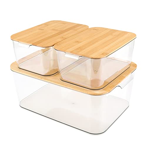 ANMINY Clear Plastic Storage Bins with Removable Bamboo Lids Handles Stackable Lidded Kitchen Food Container Box Basket Set Decorative Clothes Laundry Home Closet Cabinet Shelf Cube - 1 Large 2 Small