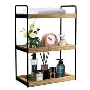 3 tier bathroom counter organizer,wood bathroom organizer countertop,counter standing rack cosmetic holder,bathroom trays for counter organizer(log color)