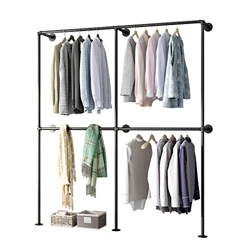 IronJiaZu Industrial Pipe Clothing Rack Wall Mounted Garment Rack,Black Clothes Rack Retail Display Hanging Rod for Closet Storage,Laundry Room