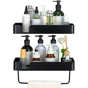 aboka shower caddy basket shelf for bathroom 2-pack with hooks & towel bar adhesive shower organizer storage wall mounted, mate black