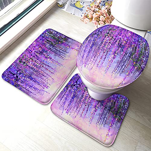 Wondertify Flowers Bathroom Antiskid Pad Spring Purple Flowers Wisteria Blossom Blurred Bokeh 3 Pieces Bathroom Rugs Set, Bath Mat+Contour+Toilet Lid Cover Violet Color